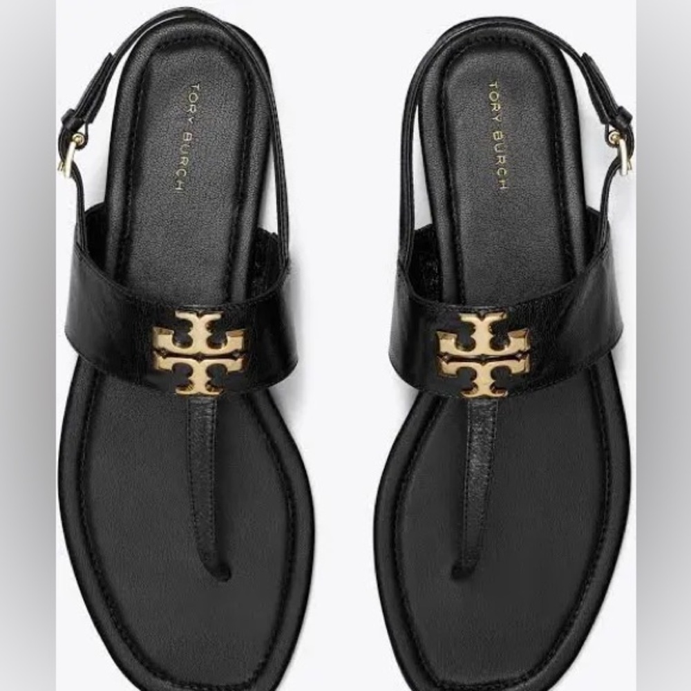 Tory Burch Black and Gold Sandals Eleanor goat leather new in box